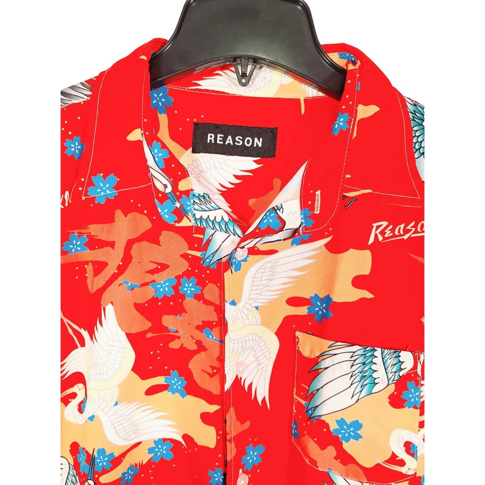 Reason Brand Men's Button-Up Short-Sleeved Shirt Asian/Crane Scene - Picture 3 of 4